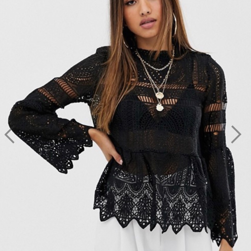 ASOS Boohoo black lace peplum top with bell sleeve